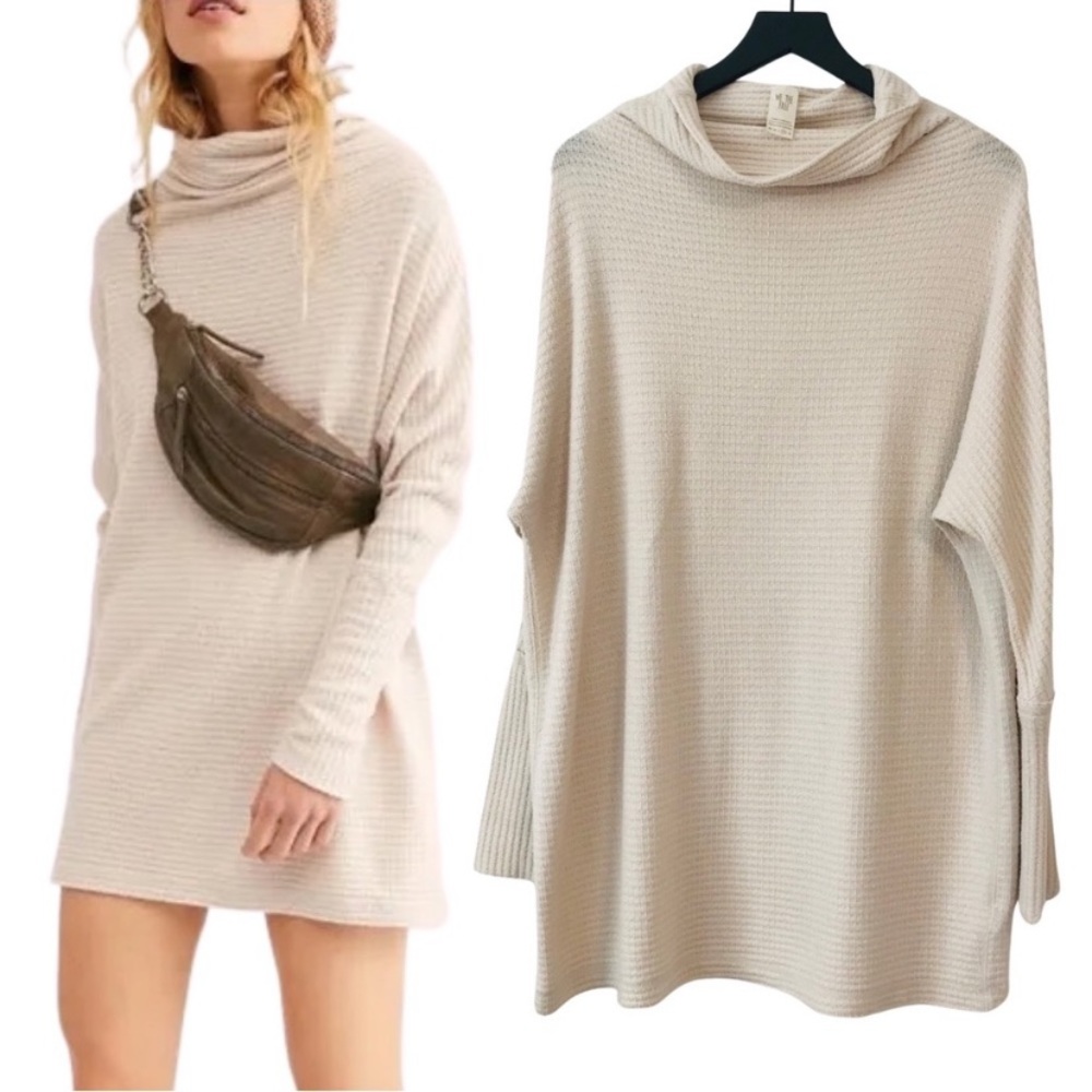 We The Free Kitty Thermal Tunic Waffle Knit Cowl Neck Longline Sweater Top
